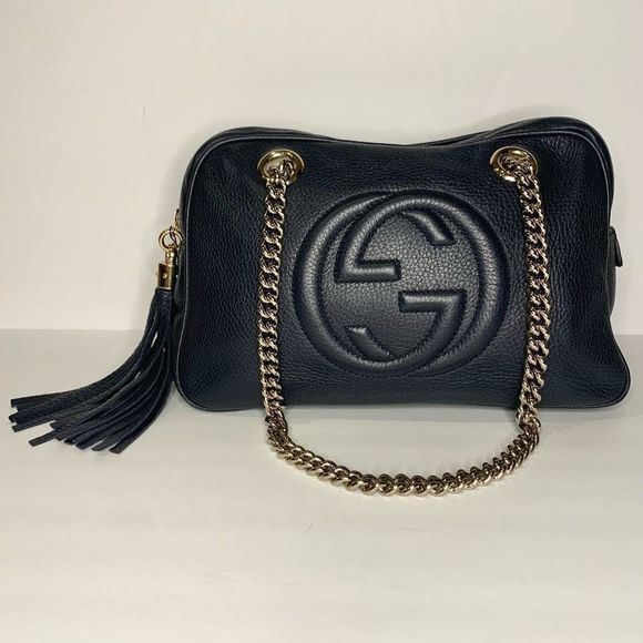 Gucci Handbags - Gucci Soho Chain Zip Shoulder Bag GG Double Strap Pebbled Leather Blue Purse
